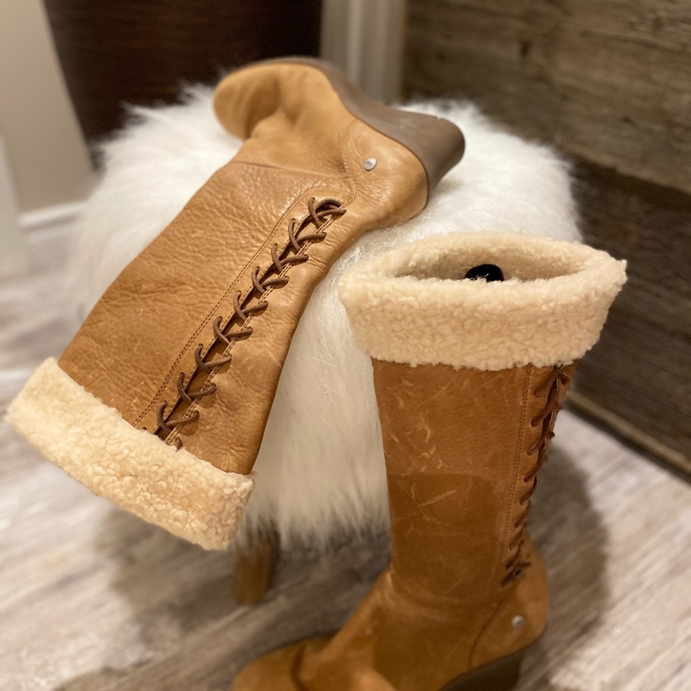UGG leather heeled-boots with fur trim
